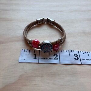 Natural Cork Double Strand Bracelet Red Beads Blue Mandala Glass Cabochon Boho